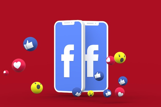 Simbolo di Facebook sullo smartphone dello schermo o sul cellulare e le reazioni di Facebook amano, wow, come emoji 3d render