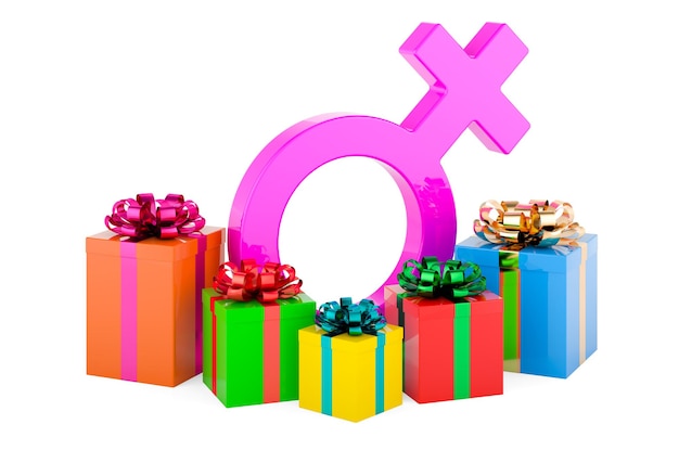 Simbolo di genere femminile con confezioni regalo concetto regalo rendering 3D
