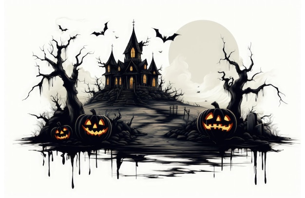 Simbolo di Halloween Jackolantern in un cimitero abbandonato vicino ad una vecchia chiesa Disegno di Halloween