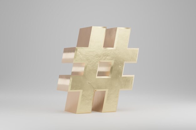 Simbolo di hashtag 3d oro. Segno d'oro isolato su sfondo bianco. Alfabeto dorato con imperfezioni. carattere di carattere reso 3D.