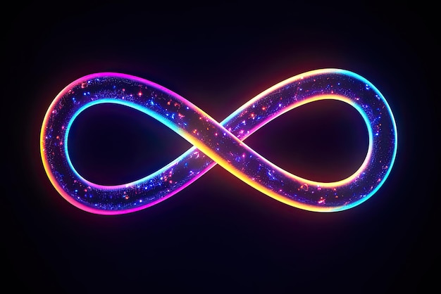 Simbolo di infinito al neon colorato astratto su sfondo scuro IA generativa