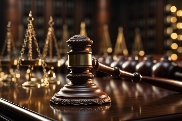Simbolo di legge martelletto e avvocati in un solido background che illustrano il lavoro di squadra legale e il servizio