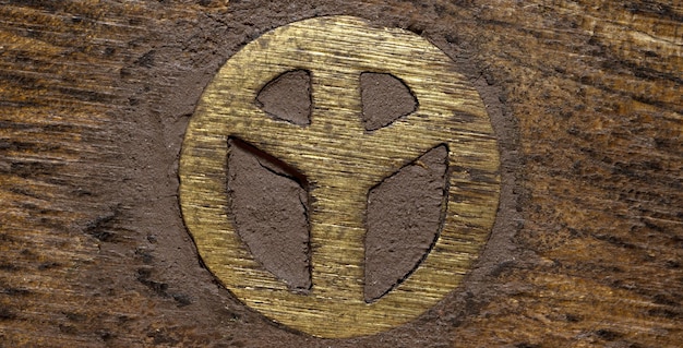 simbolo di pace hippy in metallo dorato su spazio di copia in legno scuro