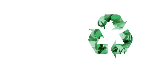 Simbolo di riciclaggio da tappi di bottiglia verdi per su sfondo bianco Il concetto di sicurezza dai danni ambientali L'idea di sostenibilità ambientale e la Giornata della Terra Copy space Banner