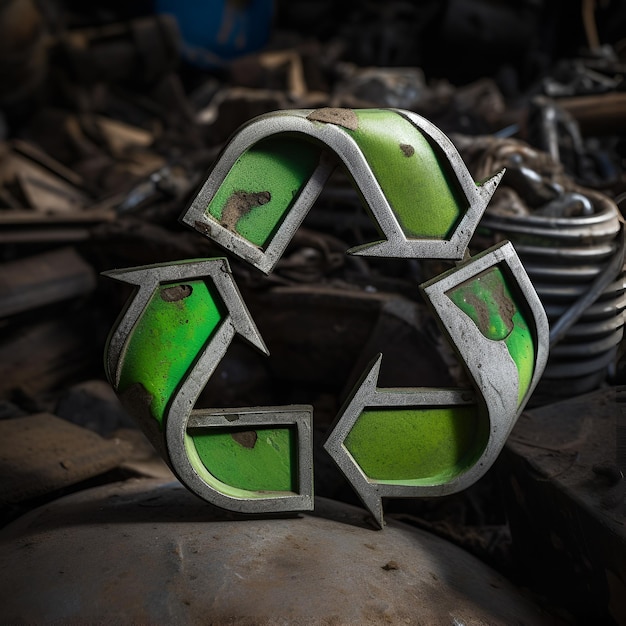 Simbolo di riciclaggio dei rifiuti in metallo di colore argento su uno sfondo di rottame metallico arrugginito