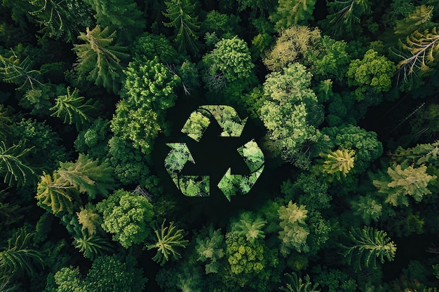 Simbolo di riciclaggio racchiuso nel baldacchino della foresta