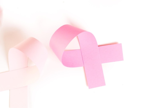 Simbolo di salute delle donne in nastro rosa su sfondo bianco.