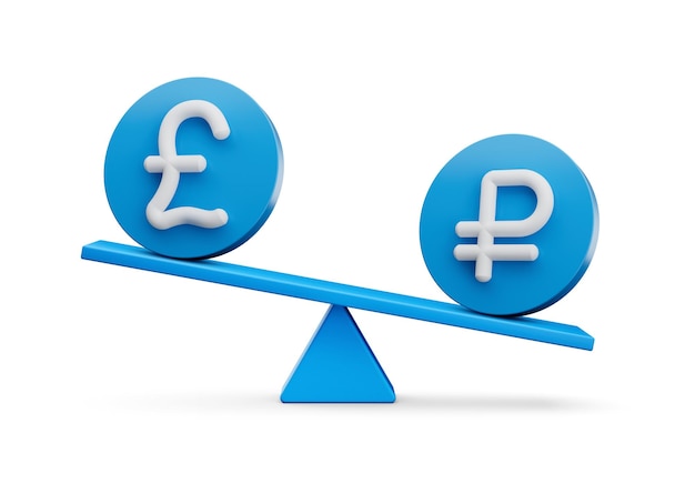 Simbolo di sterlina bianca e rublo 3d su icone blu arrotondate con illustrazione 3d di bilanciamento 3d