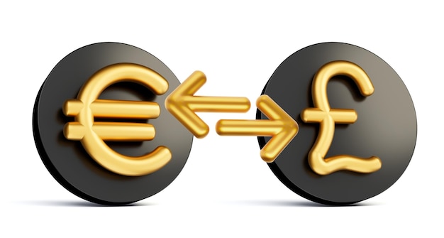 Simbolo dorato dell'euro e della sterlina 3d sulle icone nere arrotondate con l'illustrazione 3d delle frecce di scambio di denaro