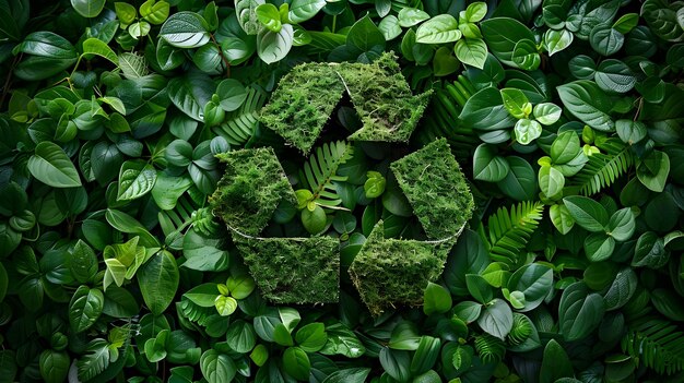 Simbolo ecologico di riciclaggio verde luminoso al centro della foresta verde