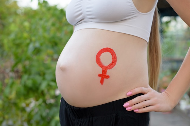 Simbolo femminile di genere disegnato su una pancia femminile incinta. Concetto di gravidanza. Avvicinamento