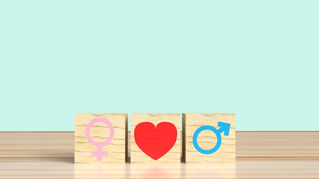 Simbolo femminile e maschile con cuore su cubi di legno, concetto di relazione eterosessuale