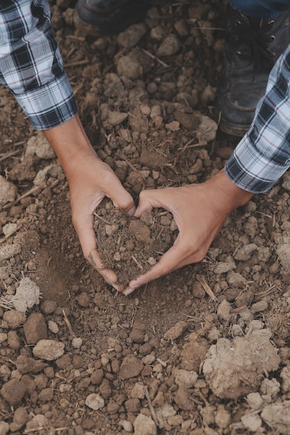 Simbolo giorno del cuore terra manciata di terra mani forma del cuore fattoria terra organica mani contadino terra terra terra terra giardino terra terra farm terra terra fertile mani maschile piene di terra campo concetto di agricoltura