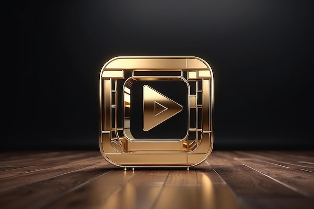 simbolo metallico dell'online youtube music player logo rendering 3D con riflesso sfocato sul pavimento con sfondo scuro