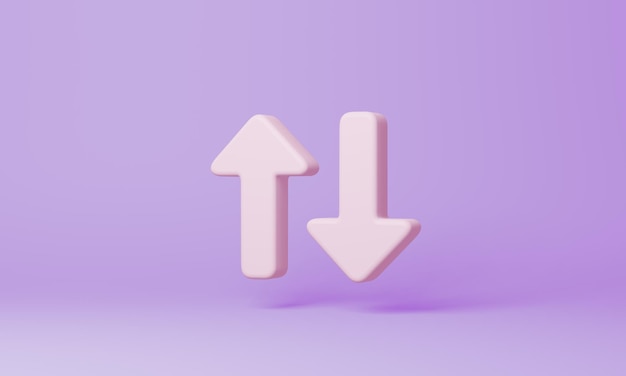 Simbolo minimo freccia su giù su sfondo viola rendering 3d
