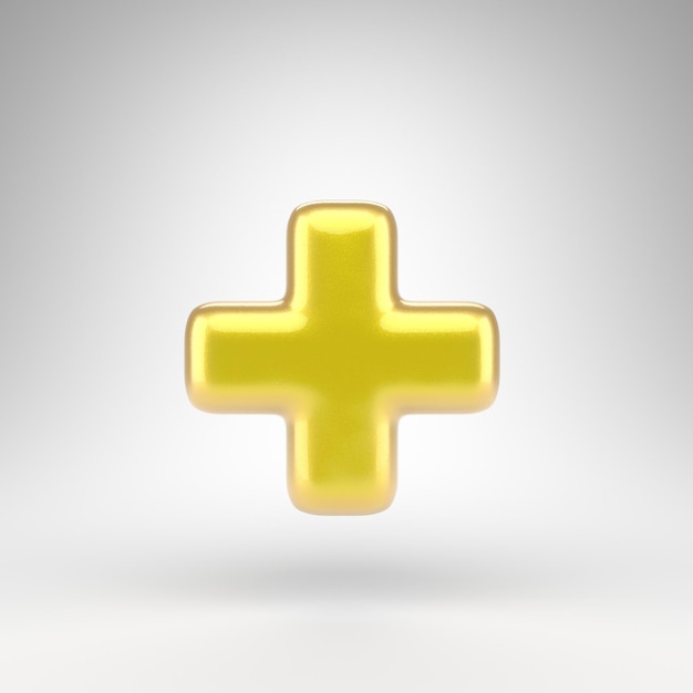 Simbolo più su sfondo bianco. Vernice gialla per auto 3D ha reso il segno con superficie metallica lucida.