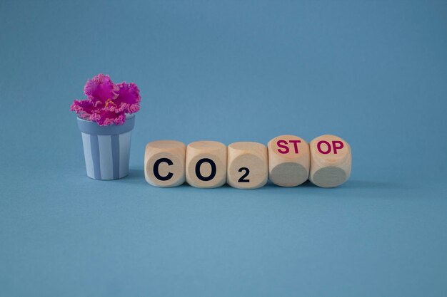 Simbolo stop CO2 Concetto parola CO2 o stop CO2 su un bellissimo cubo di legno Bellissimo sfondo blu