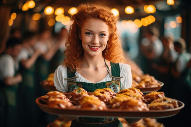 Simpatica cameriera dai capelli rossi con un vassoio di snack all'Oktoberfest