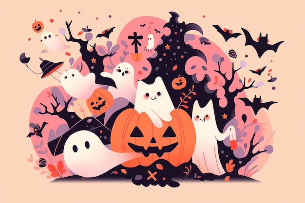 Simpatica illustrazione di halloween con fantasmi e zucche