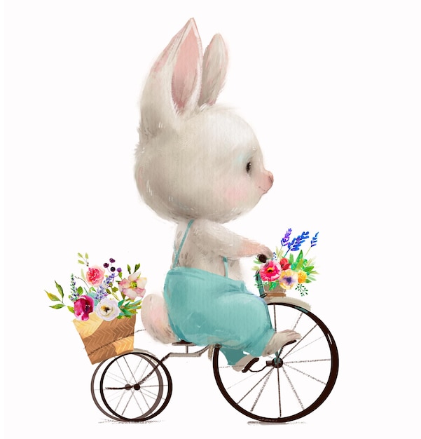 Simpatica lepre con fiori in bicicletta