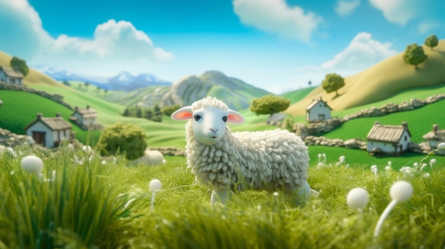 Simpatica pecora Wensleydale nella scena animata del prato in stile Studio Ghibli