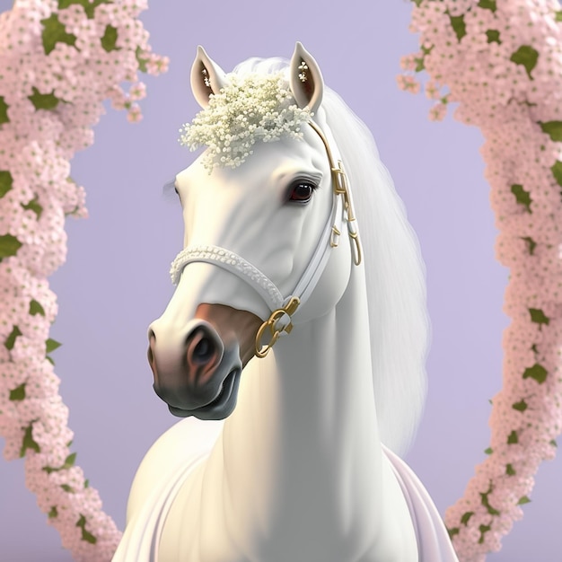 Simpatica sposa a cavallo con ghirlanda di fiori generata dall'intelligenza artificiale