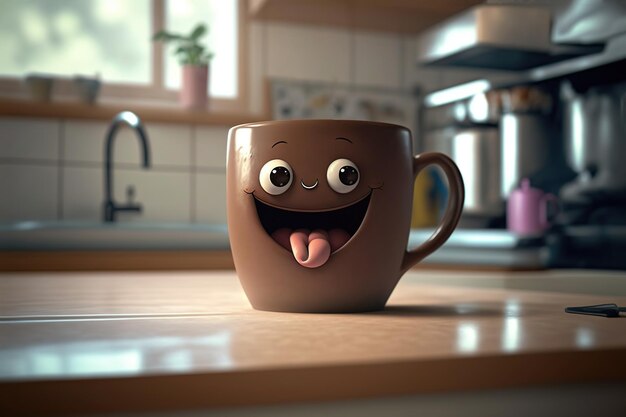 Simpatica tazza di caffè dolce sorriso in cucina Stile di rendering 3D Illustrazione generata da AI