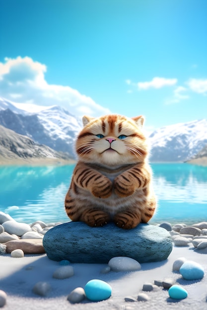 Simpatica tigre paffuta seduta su una roccia nel lago AI generativo