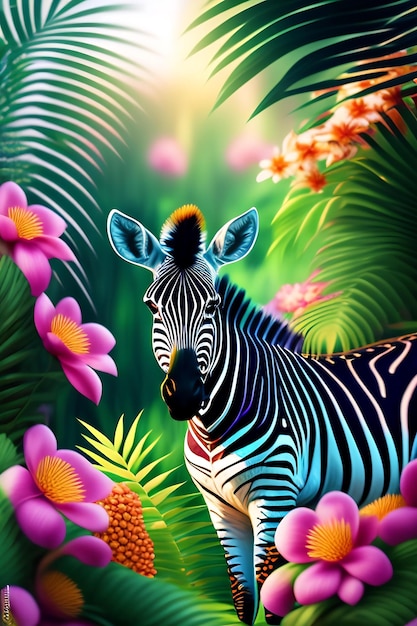 simpatica zebra realistica 3d sulla giungla tropicale piena di fiori e foglie esotici