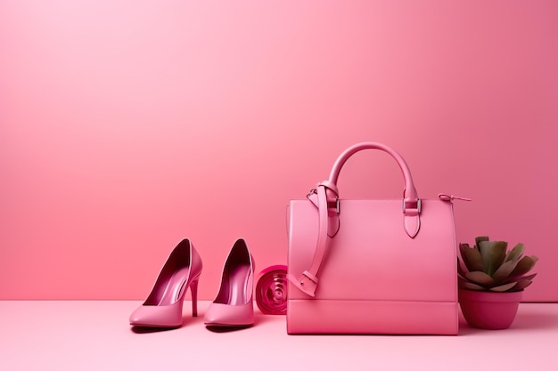 Simpatiche scarpe rosa e borsa con spazio per la copia colore rosa sfondo rosa mondo rosa Ai generato