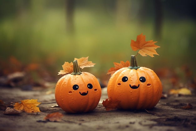 Simpatiche zucche di Halloween con foglie d'acero all'aperto in una piovosa giornata autunnale Contenuto AI generato