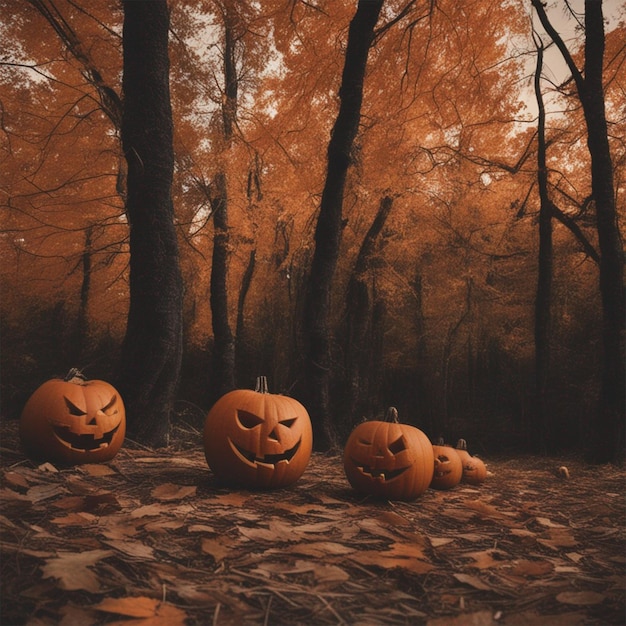 Simpatiche zucche di Halloween nella foresta generate ai