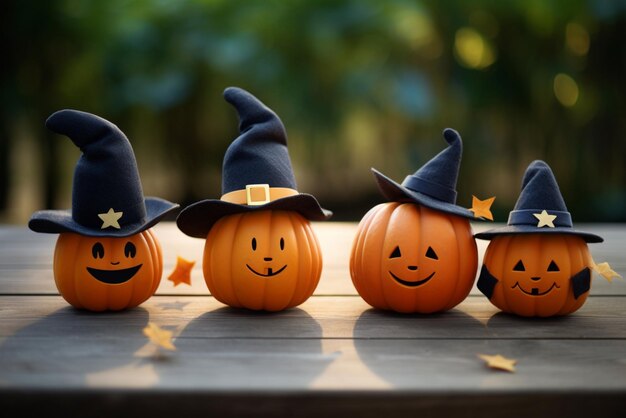 Simpatiche zucche sorridenti di Halloween con cappelli da mago neri Contenuto AI generato