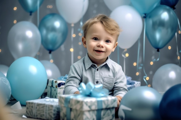 Simpatici bambini piccoli per l'infanzia, compleanno, festa in palloncino, blu, AI generativa