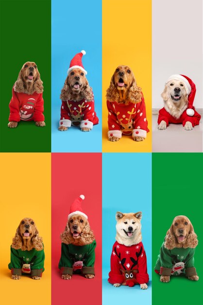 Simpatici cani in maglioni natalizi e cappelli di Babbo Natale su sfondi colorati