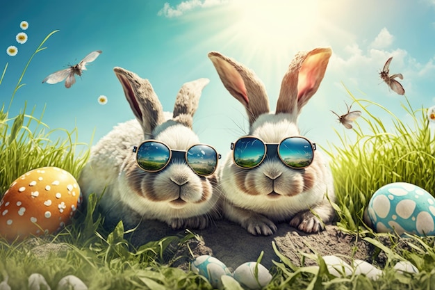 Simpatici coniglietti pasquali con occhiali da sole e uova di Pasqua fiori primaverili all'aperto AI Generato