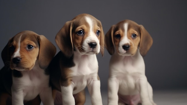 Simpatici cuccioli di beagle eccitati su uno sfondo minimalista IA generativa