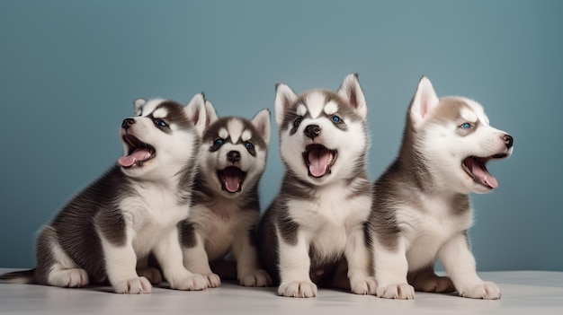 Simpatici cuccioli di Siberian Husky eccitati su uno sfondo minimalista IA generativa