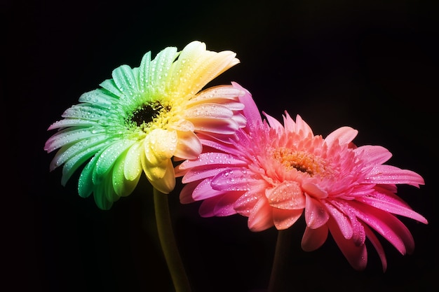 Simpatici fiori di gerbera arcobaleno sul nero