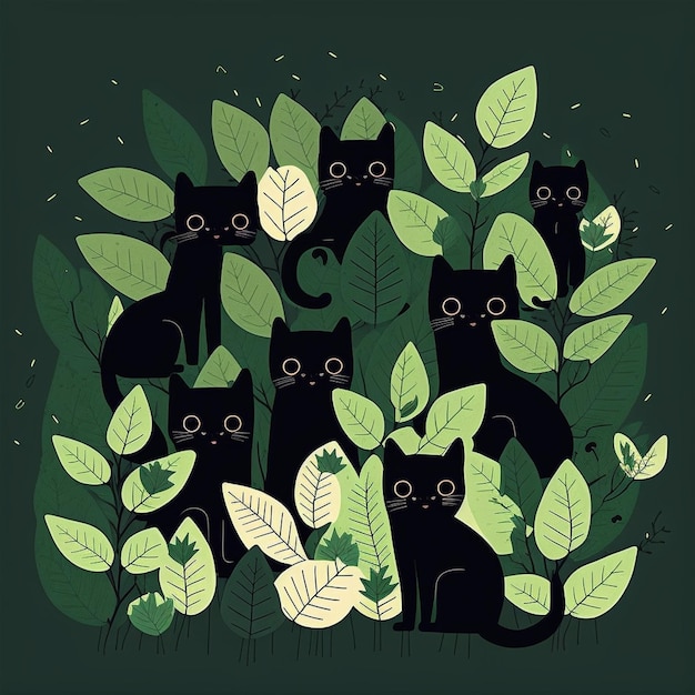 Simpatici gatti neri, 2d, illustrazione, vettore, adesivo a colori piatti, stile cartone animato, foglie verde scuro bac