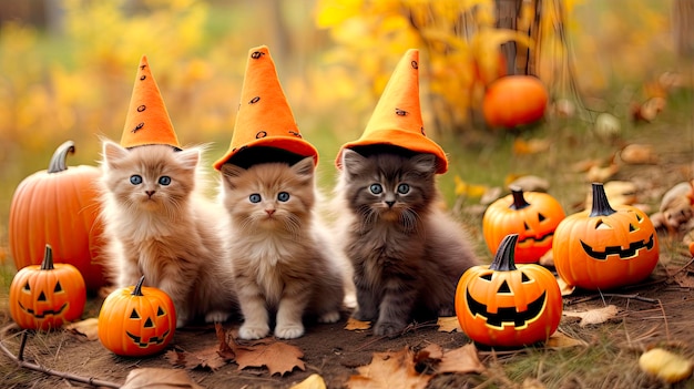 Simpatici gattini in costumi di Halloween con zucche su sfondo autunnale IA generativa