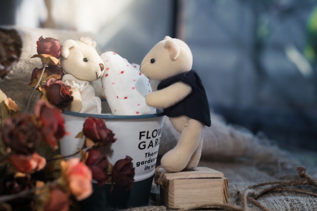 simpatici orsetti con cuore bianco in un secchio di alluminio. Concetto di San Valentino