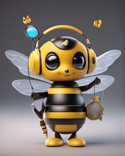 Simpatici personaggi di api dei cartoni animati che ascoltano musica con le cuffie che dicono ciao tenendo in mano un set di matite generato dall'intelligenza artificiale