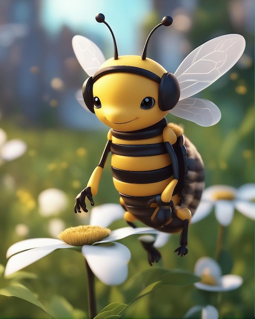 Simpatici personaggi di api dei cartoni animati che ascoltano musica con le cuffie che dicono ciao tenendo in mano un set di matite generato dall'intelligenza artificiale