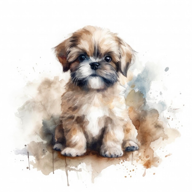 Simpatico acquerello soffice di un cucciolo di shih Tzu sullo sfondo Genera Ai