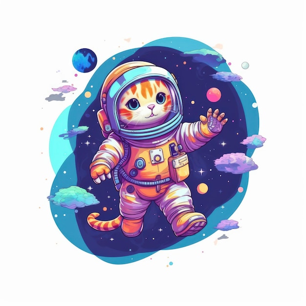 Simpatico adesivo divertente di un astronauta gatto che si trova nello spazio Bella immagine illustrativa