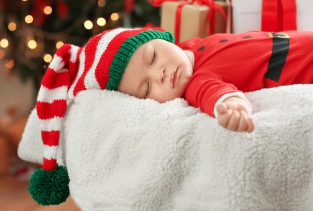 Simpatico bambino in costume da Babbo Natale che dorme sullo sfondo sfocato delle luci di Natale