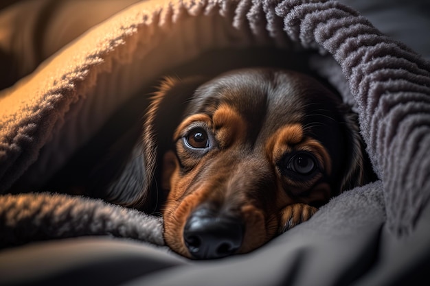 Simpatico bassotto che si addormenta sotto una coperta