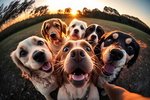 Simpatico beagle che guarda la telecamera mentre scatta un selfie con un altro beagle e un carlino Rete neurale generata dall'intelligenza artificiale