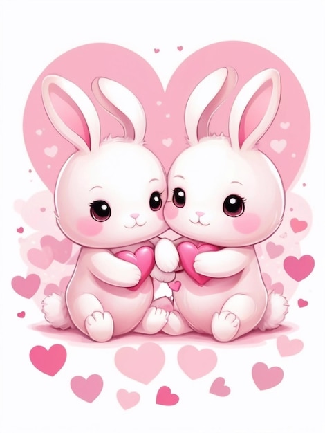 Simpatico biglietto di auguri per le vacanze di Buon San Valentino con simpatici conigli cartoon kawaii innamorati di cuori